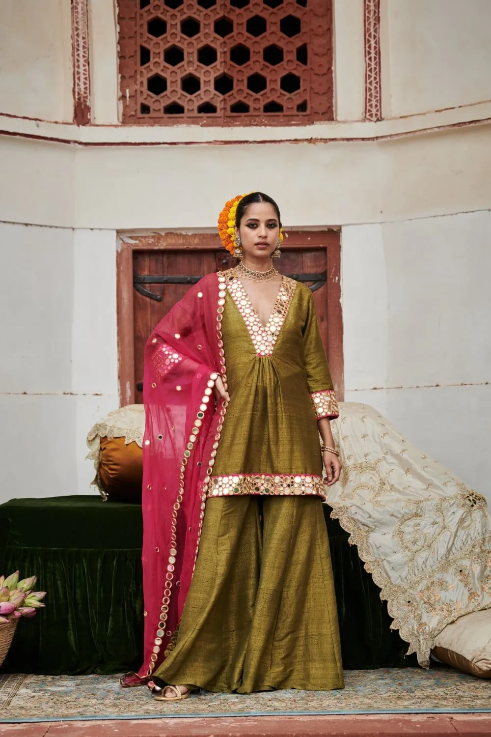 Olive Green Raw Silk Sharara Set