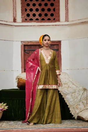Olive Green Raw Silk Sharara Set