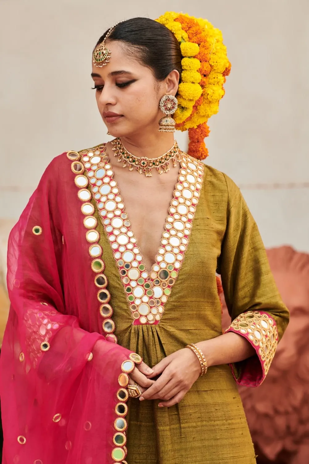 Olive Green Raw Silk Sharara Set