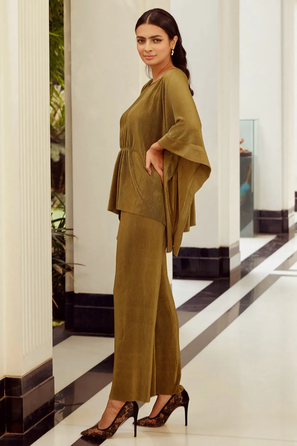 Olive Pleated Co-Ord Set