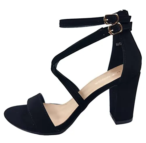 Over the Toe Strap Ankle Wrap Strap Heel Open Toe Block Heel Criss Cross Low, Black, 9