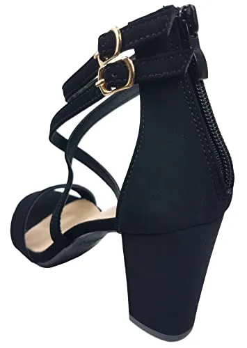Over the Toe Strap Ankle Wrap Strap Heel Open Toe Block Heel Criss Cross Low, Black, 9