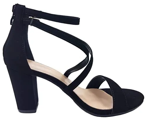 Over the Toe Strap Ankle Wrap Strap Heel Open Toe Block Heel Criss Cross Low, Black, 9