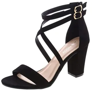 Over the Toe Strap Ankle Wrap Strap Heel Open Toe Block Heel Criss Cross Low, Black, 9