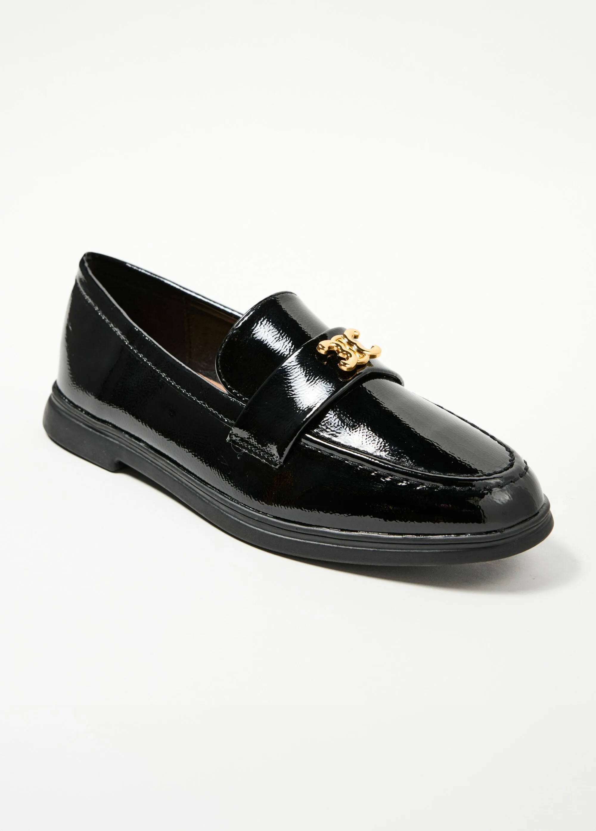 Patent leather loafers with fancy tab