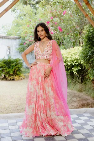 Pink Viscose Georgette Digital Printed Kalidar Lehenga Set