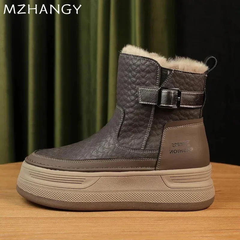 Platform Women Fur Snow Ankle Boots Flats Leather Short Plush Cotton Shoes Trend Fashion Sneakers Warm New Cozy Mujer Goth Botas