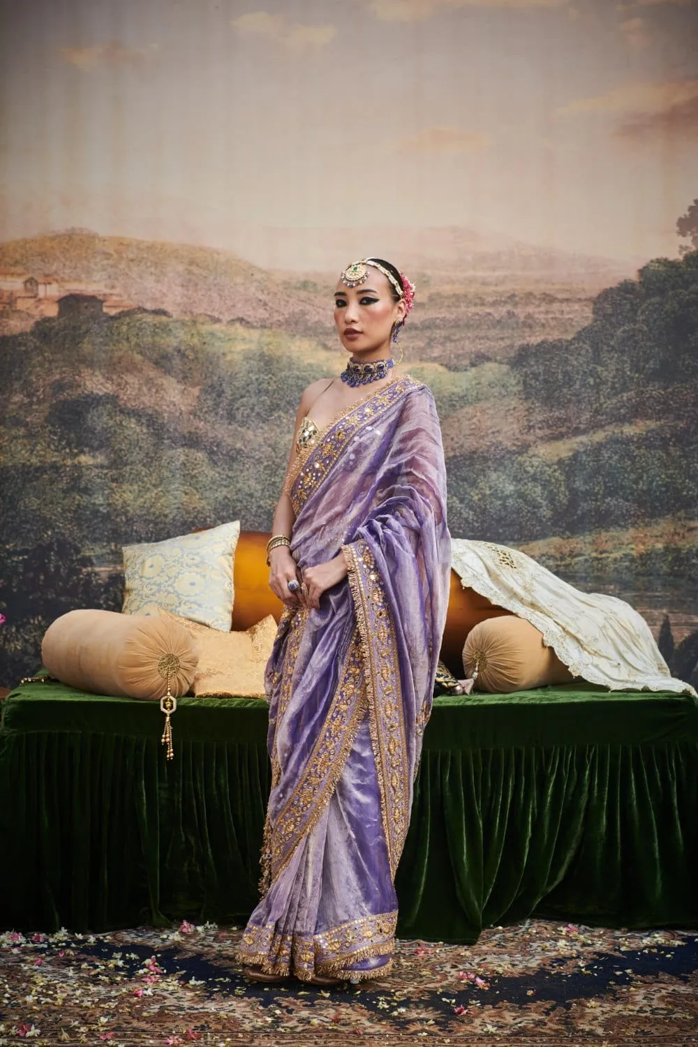 Purple Tissue Ghungroo Embellished Saree Set