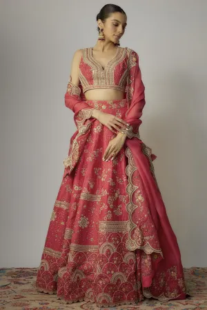 Red Dupion Dori & Aari Embroidered Lehenga Set