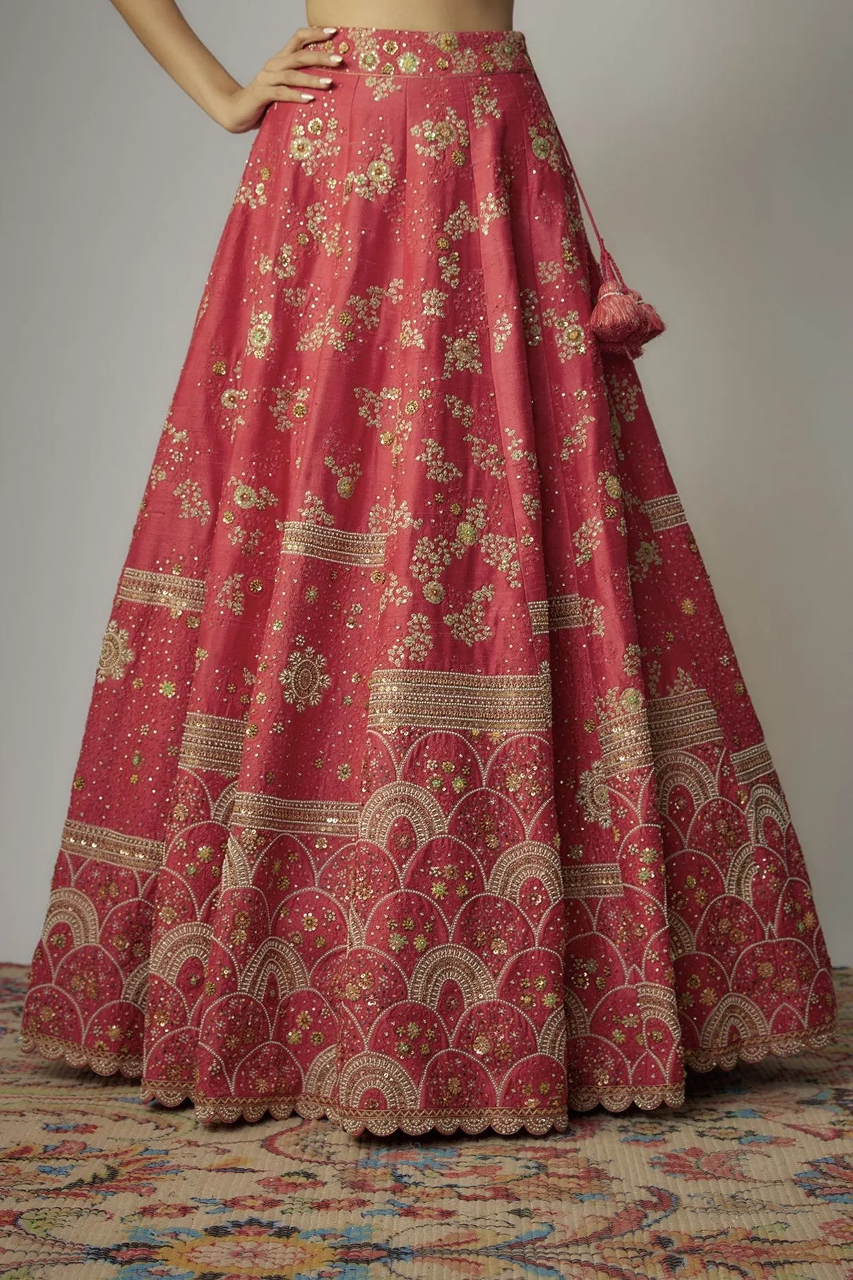 Red Dupion Dori & Aari Embroidered Lehenga Set