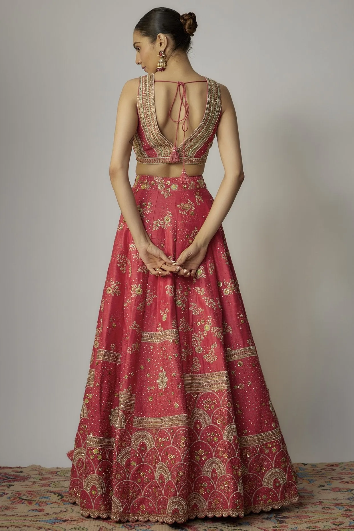 Red Dupion Dori & Aari Embroidered Lehenga Set