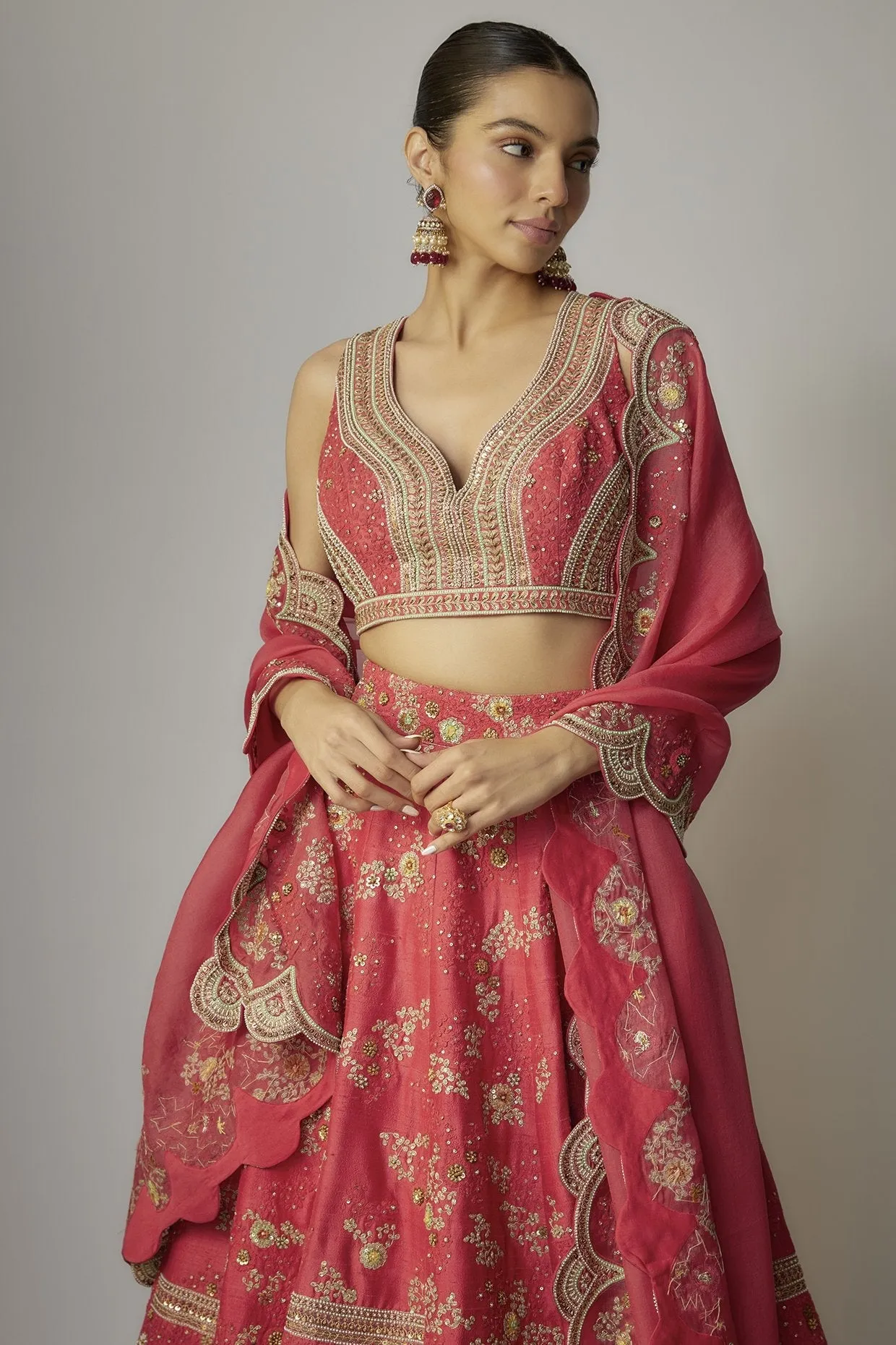 Red Dupion Dori & Aari Embroidered Lehenga Set