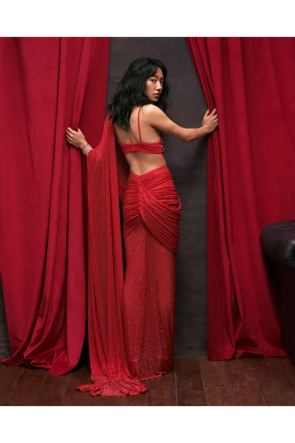 Red Net Crystal Embellished Ruched Skirt Saree Set