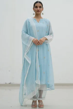 Resham Embroidered Blue & Ivory Kurta Set In Handwoven Chanderi