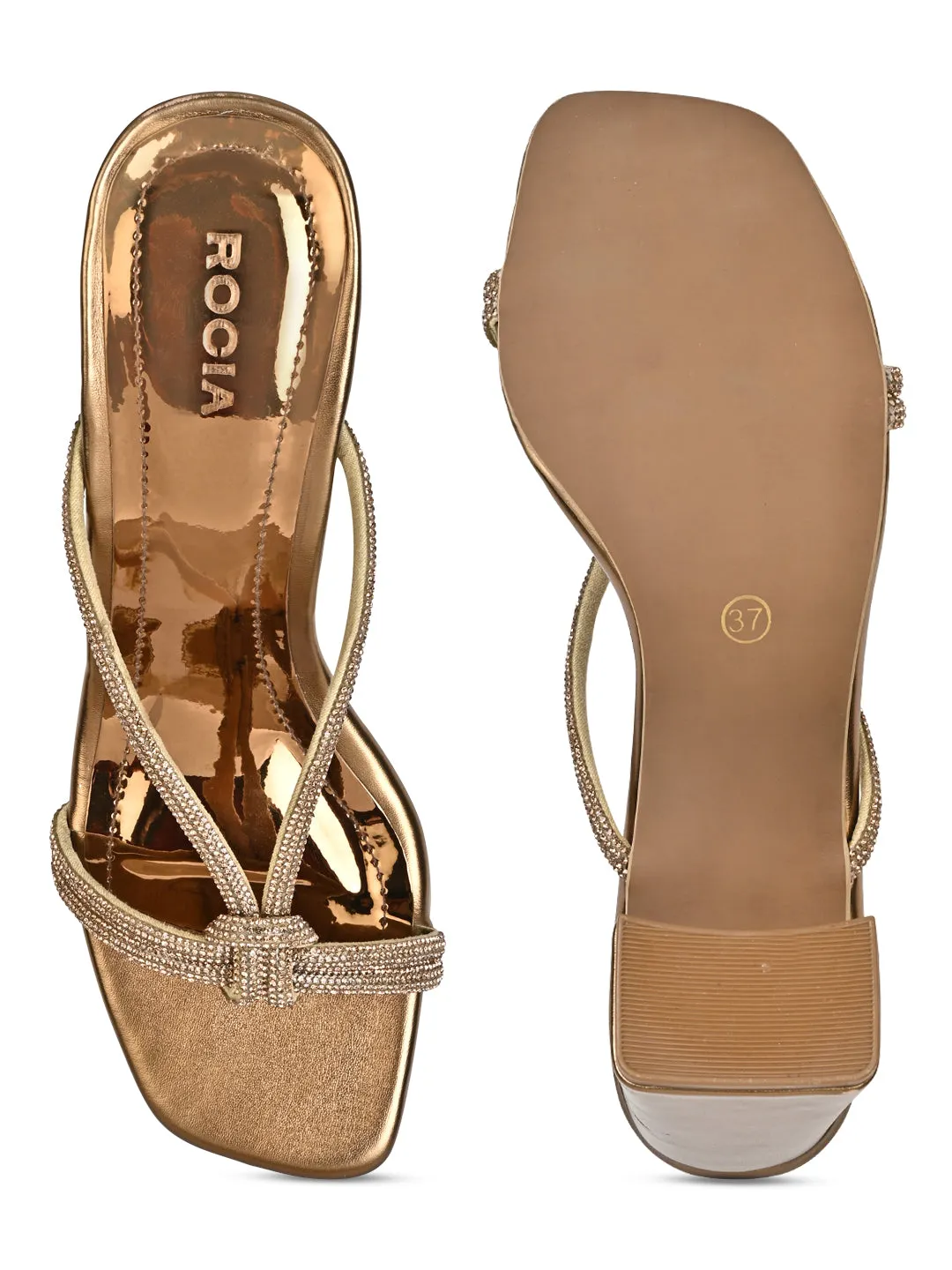 Rocia By Regal Antique Gold Women Diamond Embellished Block Heels