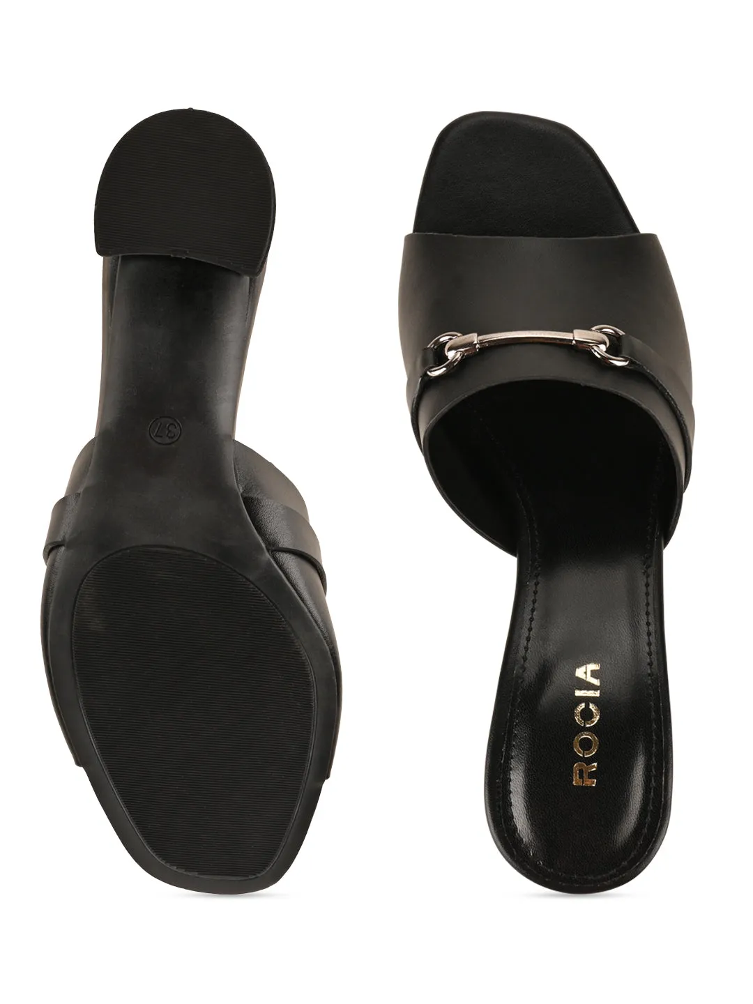 Rocia By Regal Black Women Gold Buckled Block Heels