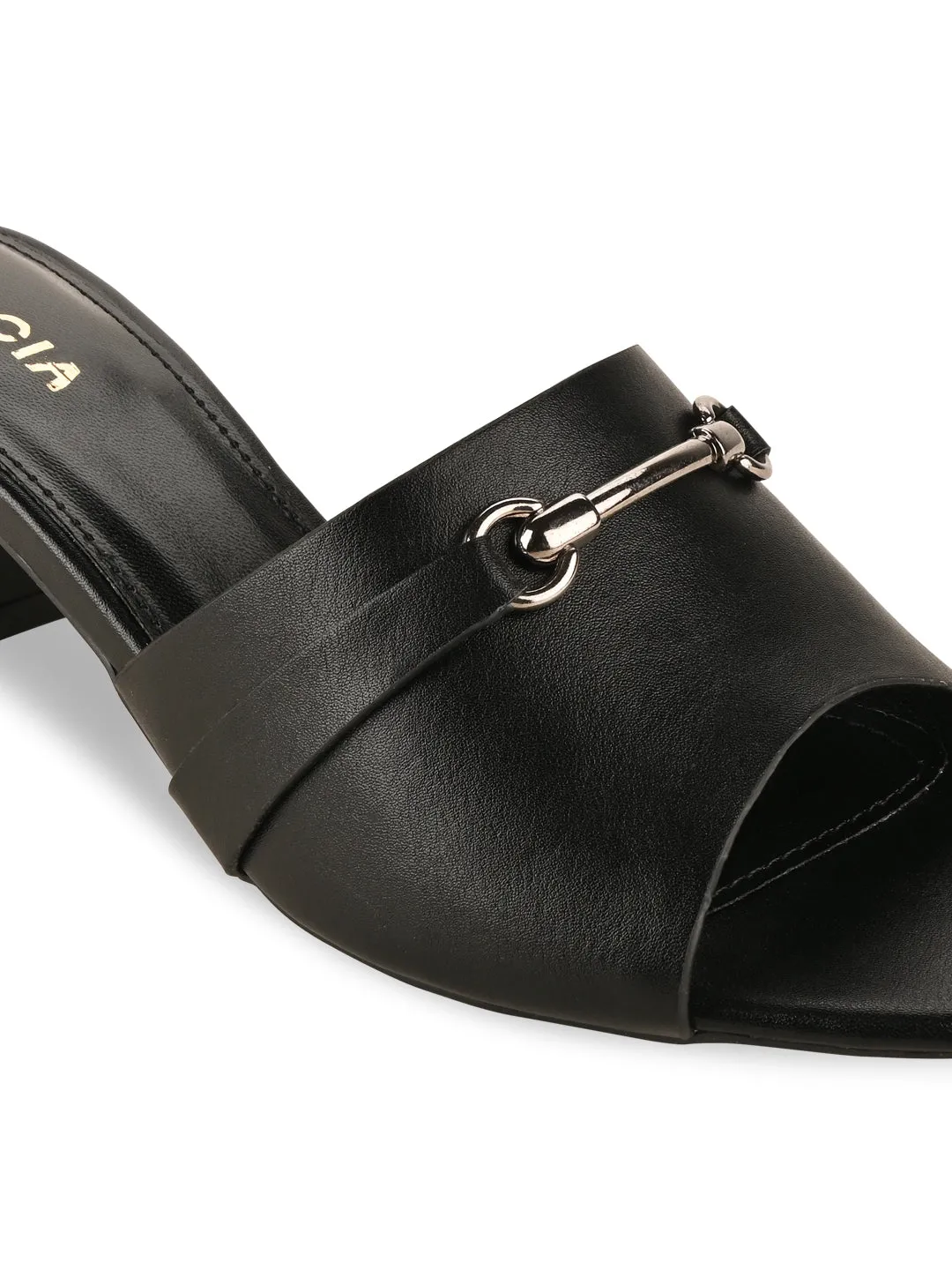 Rocia By Regal Black Women Gold Buckled Block Heels