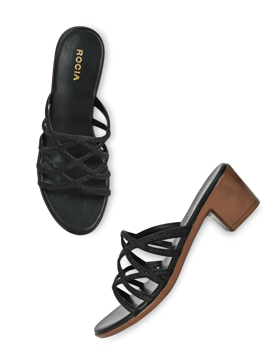Rocia By Regal Black Women Shiny Strappy Block Heels