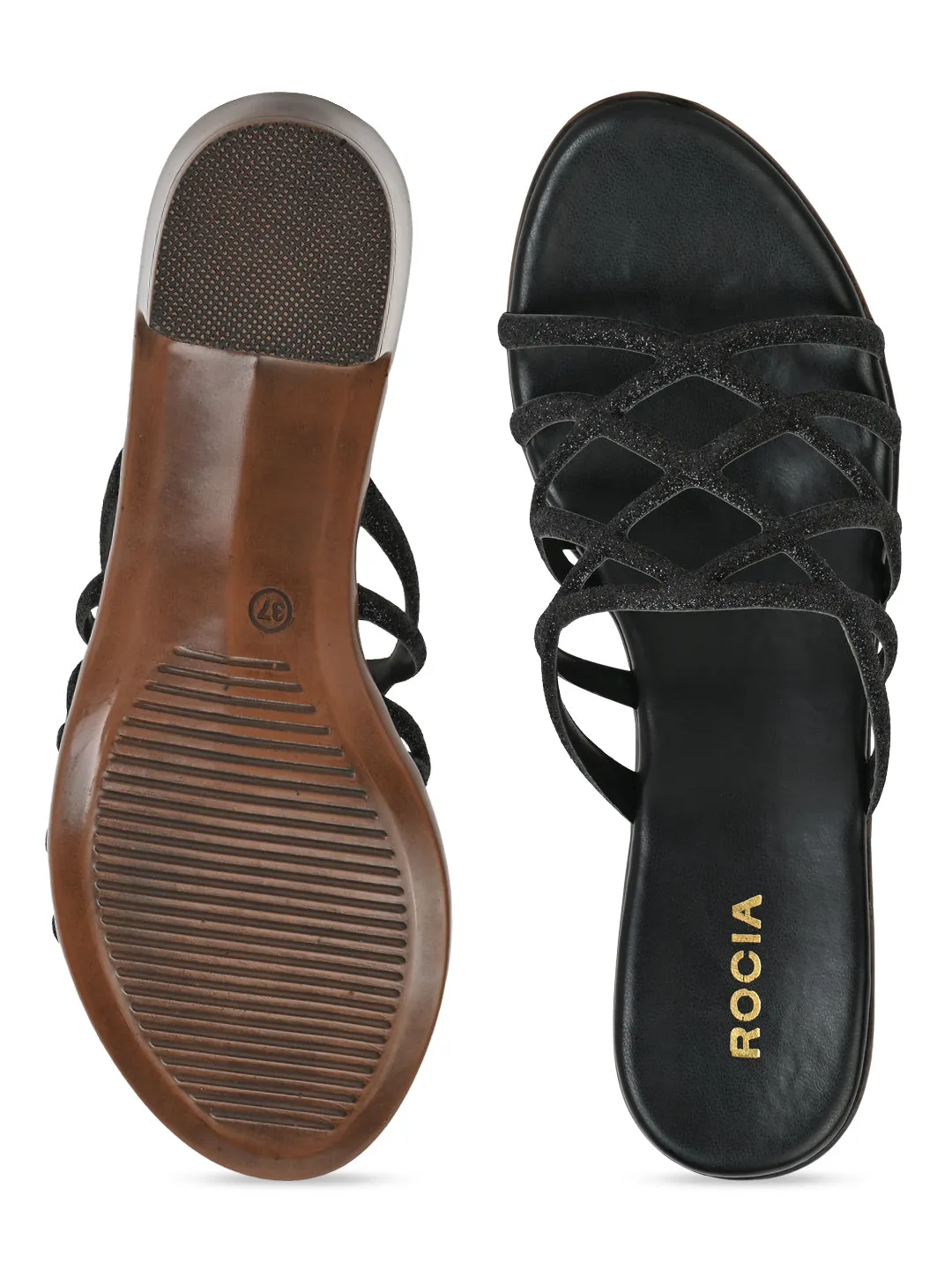 Rocia By Regal Black Women Shiny Strappy Block Heels
