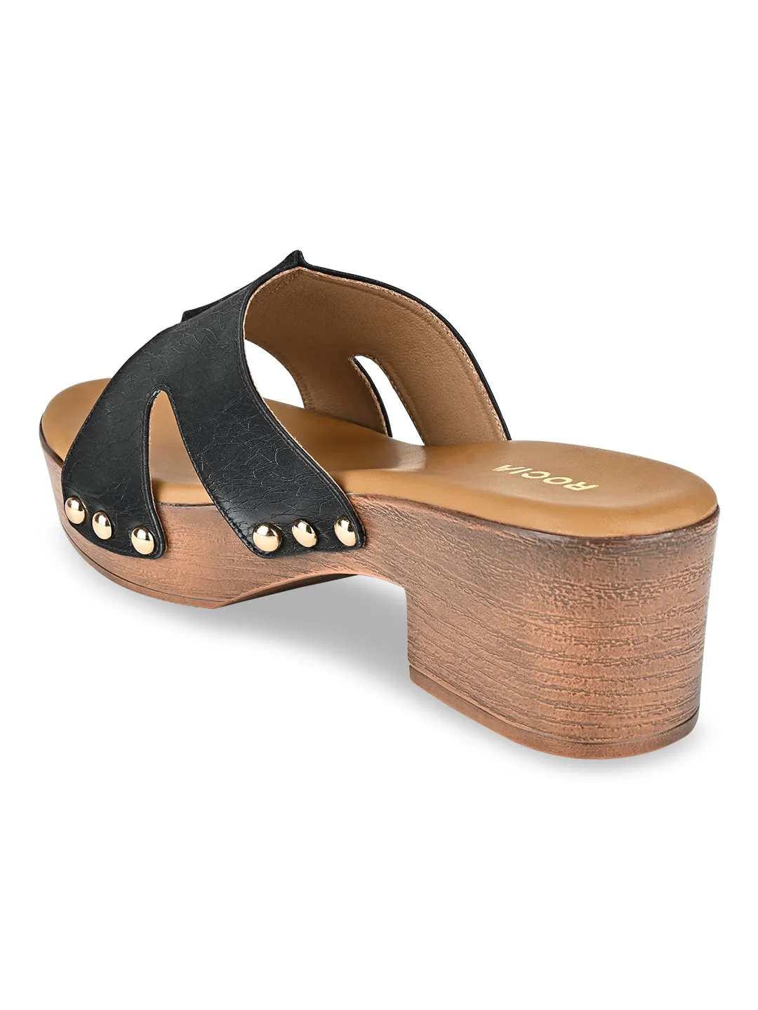 Rocia By Regal Black Women Textured Block Heel Sandals
