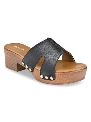 Rocia By Regal Black Women Textured Block Heel Sandals