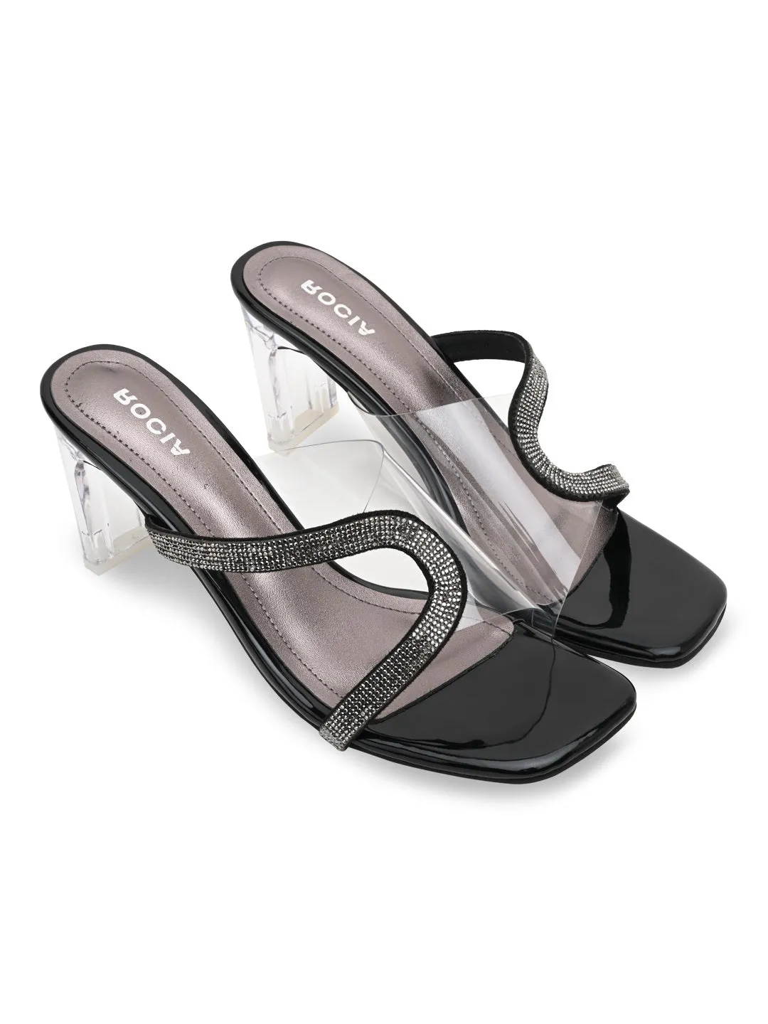Rocia By Regal Black Women Vinyl Diamante Acrylic Heel Sandal