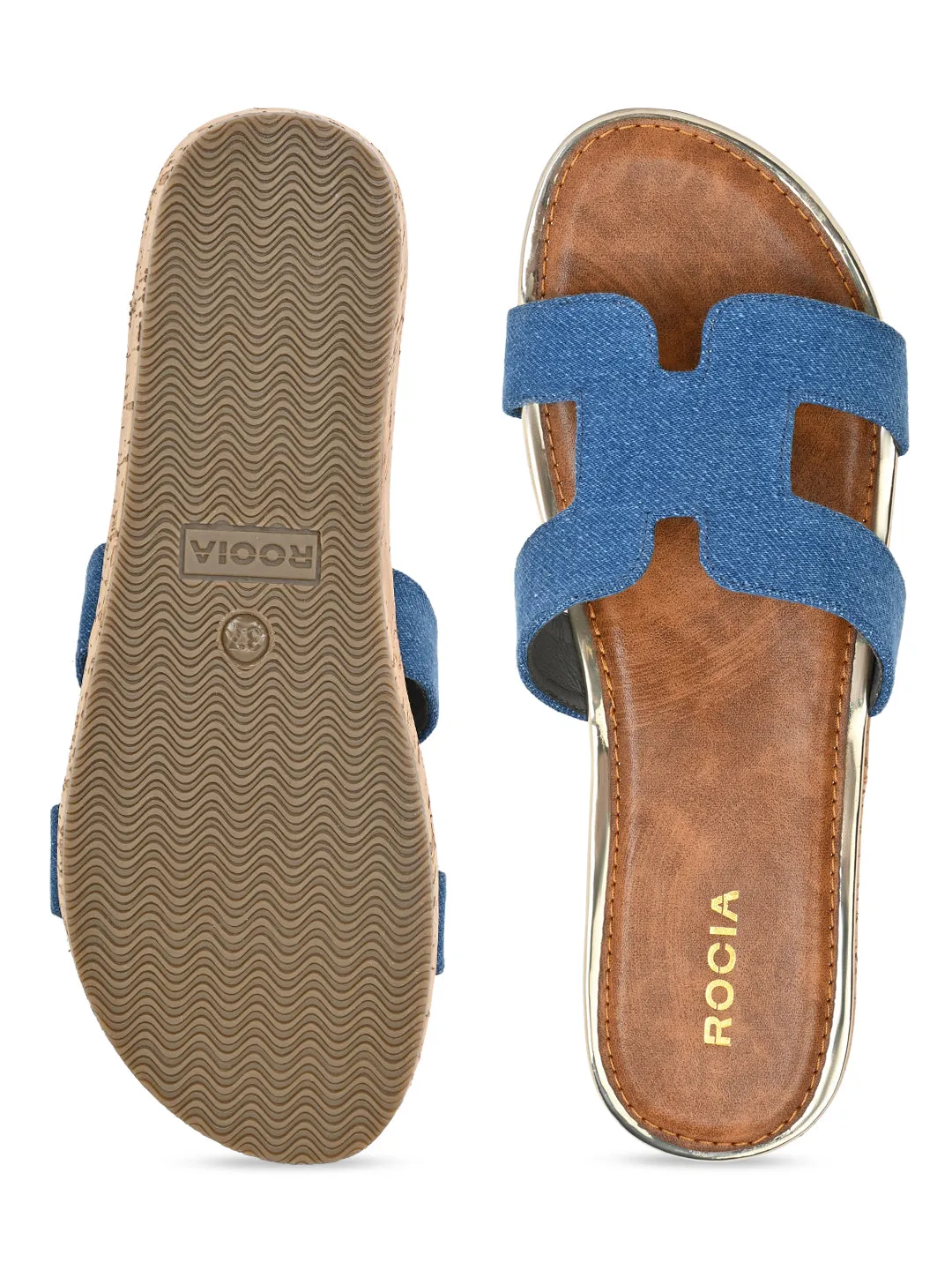 Rocia By Regal Denim Blue Women Textured Slip On Sandals