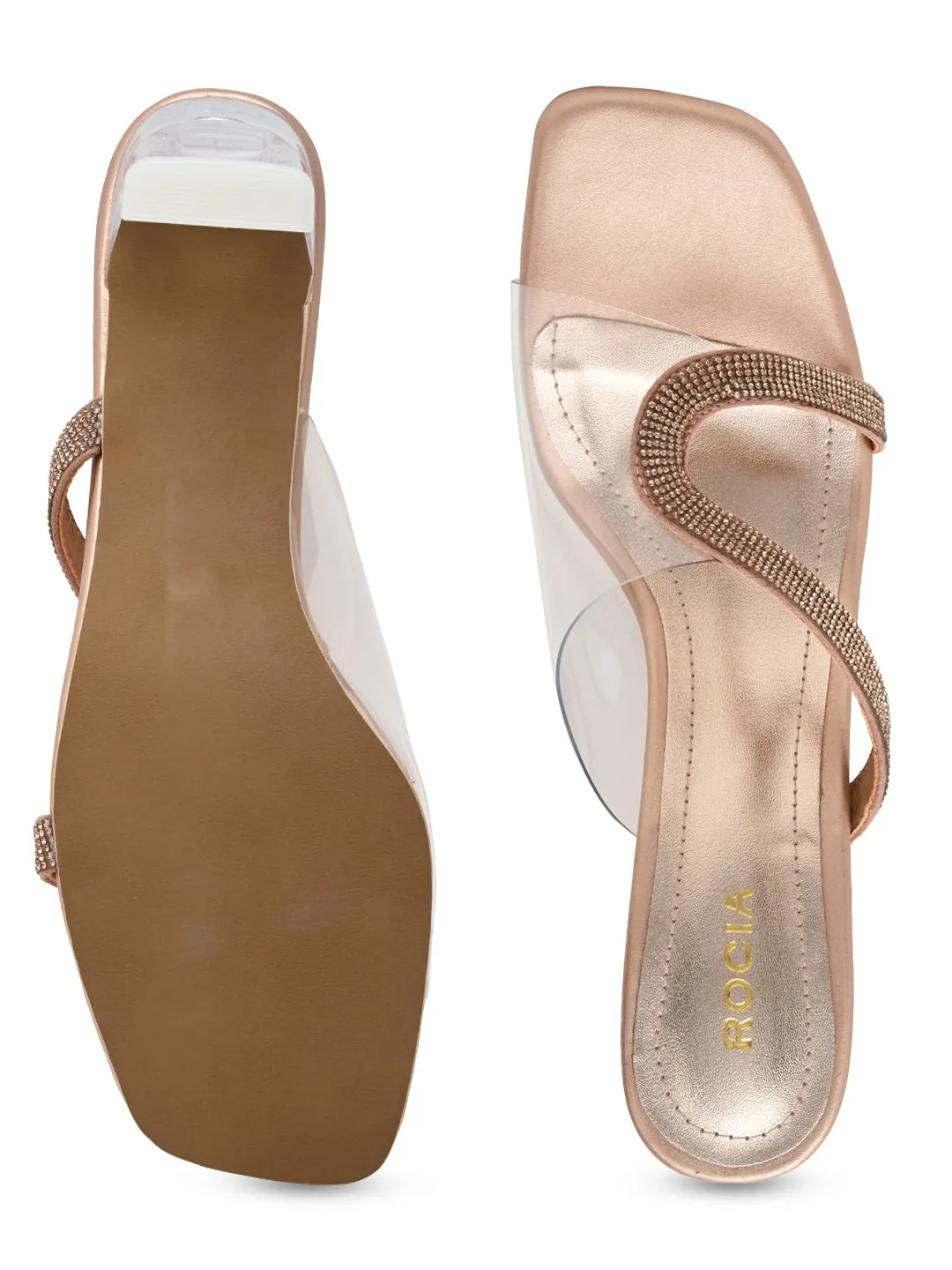 Rocia By Regal Rose Gold Women Vinyl Diamante Acrylic Heel Sandal