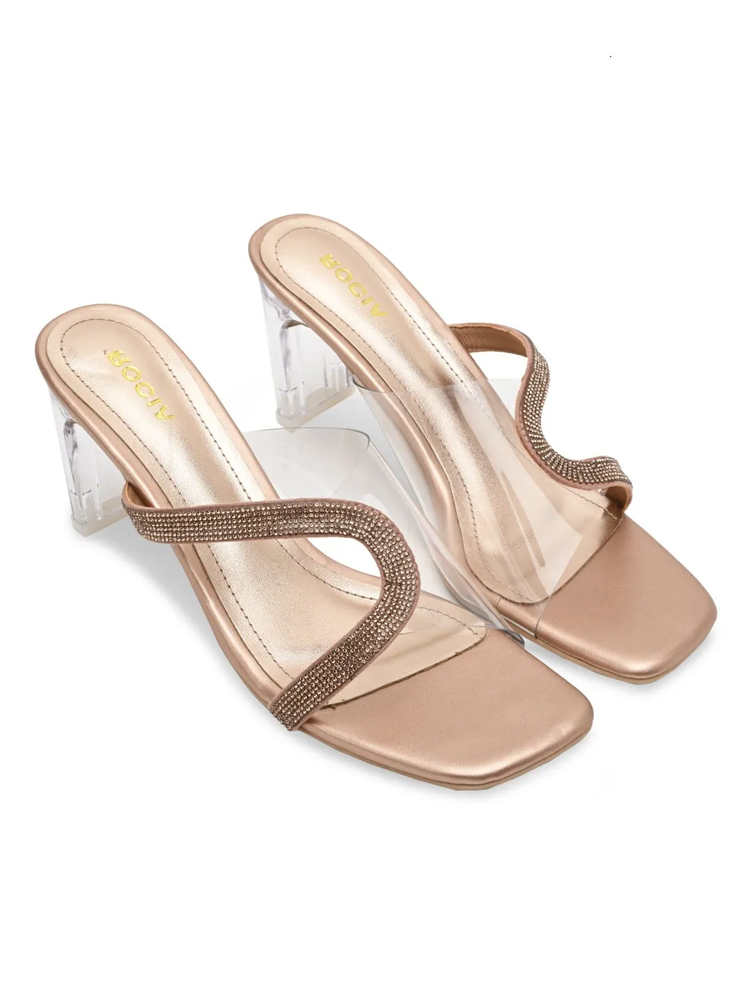 Rocia By Regal Rose Gold Women Vinyl Diamante Acrylic Heel Sandal