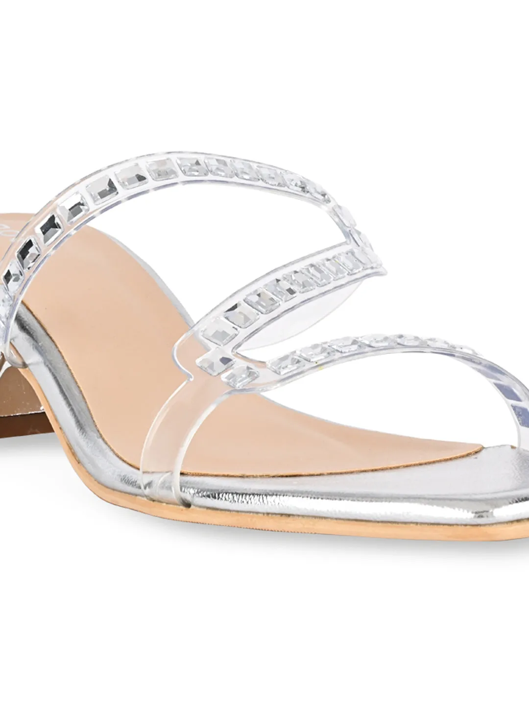 Rocia By Regal Silver Women Diamond Embellished Kitten Heel Sandals