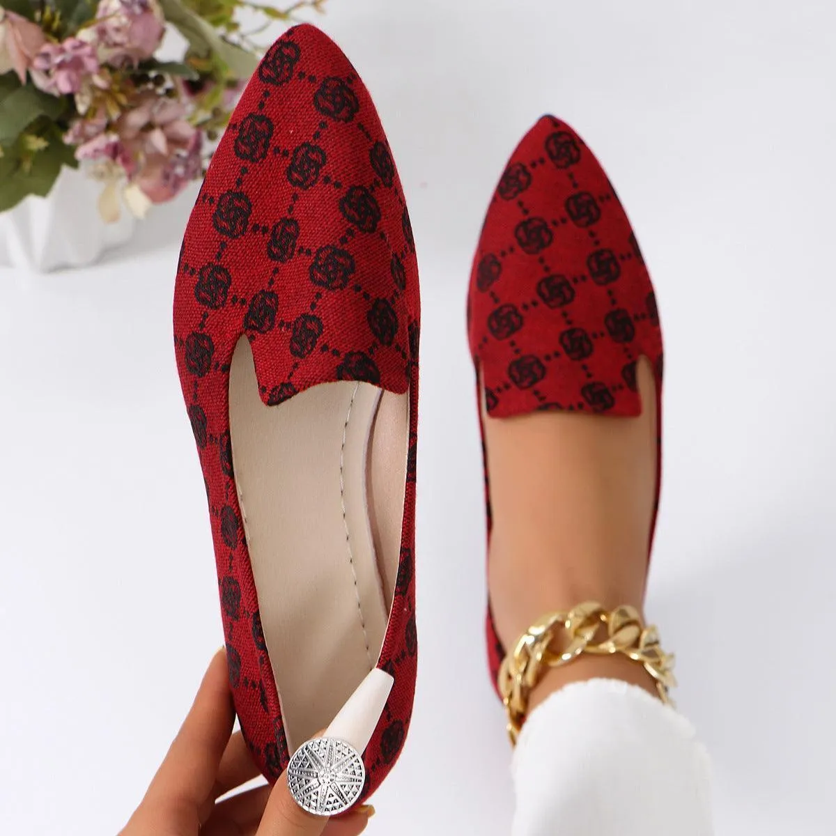 Rose Print Flats Shoes Fashion For Women