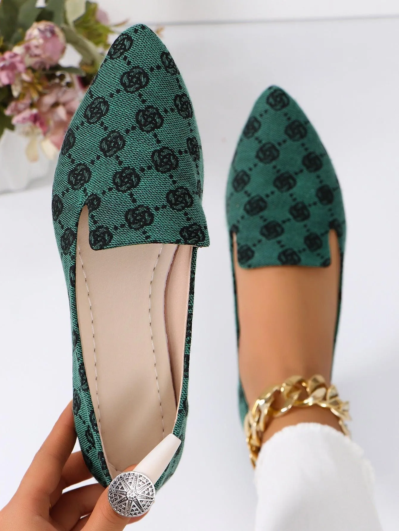 Rose Print Flats Shoes Fashion For Women