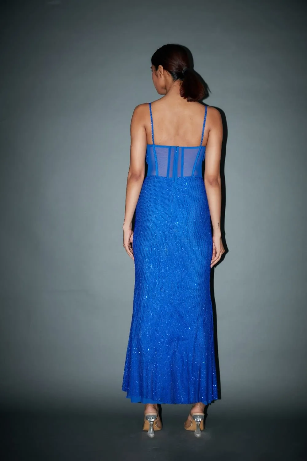 Royal Blue Net Crystal Embellished Gown