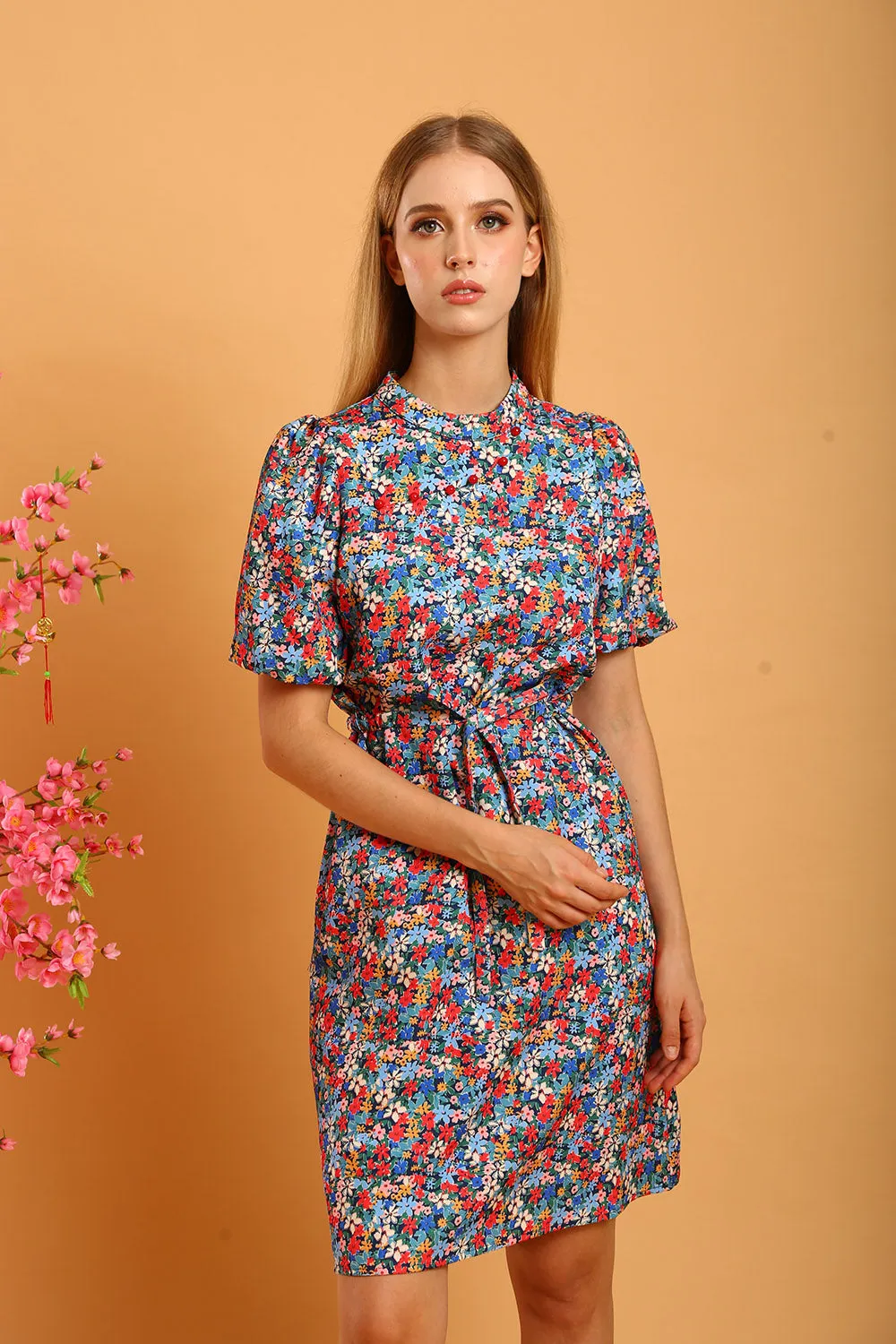 Shaira Cheongsam Dress in Blue/Red Floral