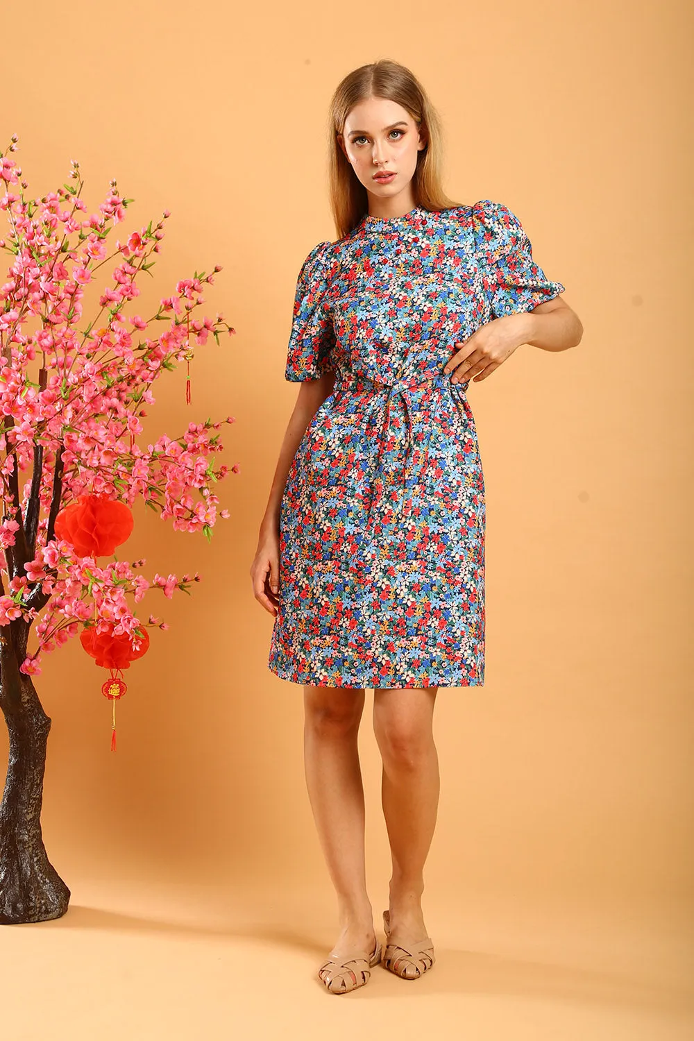 Shaira Cheongsam Dress in Blue/Red Floral