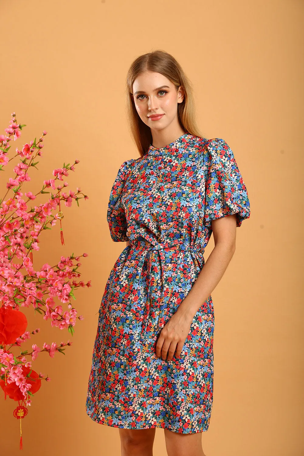 Shaira Cheongsam Dress in Blue/Red Floral