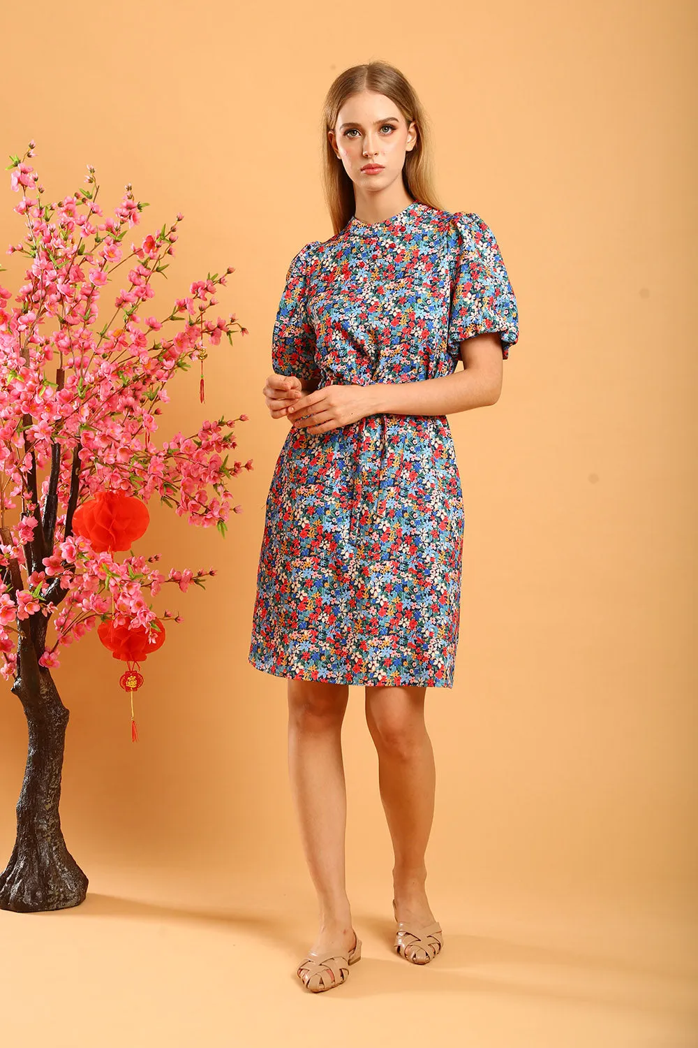 Shaira Cheongsam Dress in Blue/Red Floral