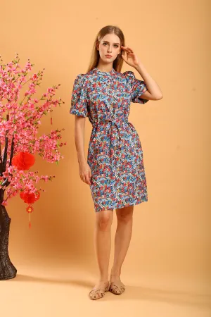 Shaira Cheongsam Dress in Blue/Red Floral