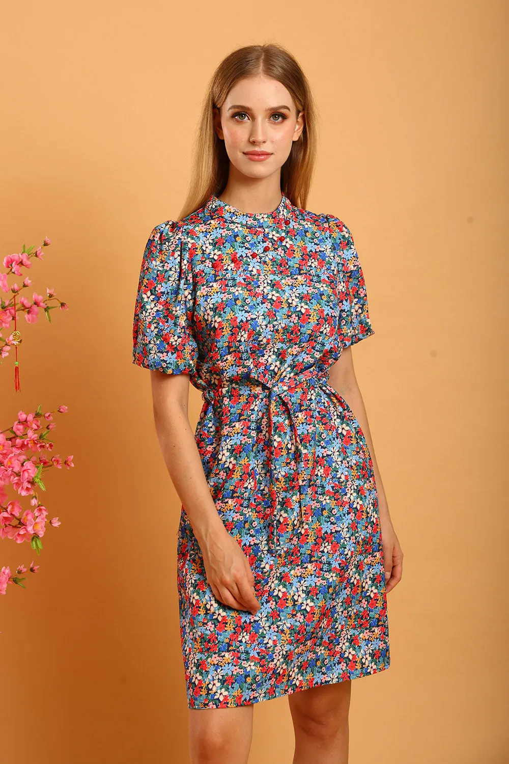 Shaira Cheongsam Dress in Blue/Red Floral