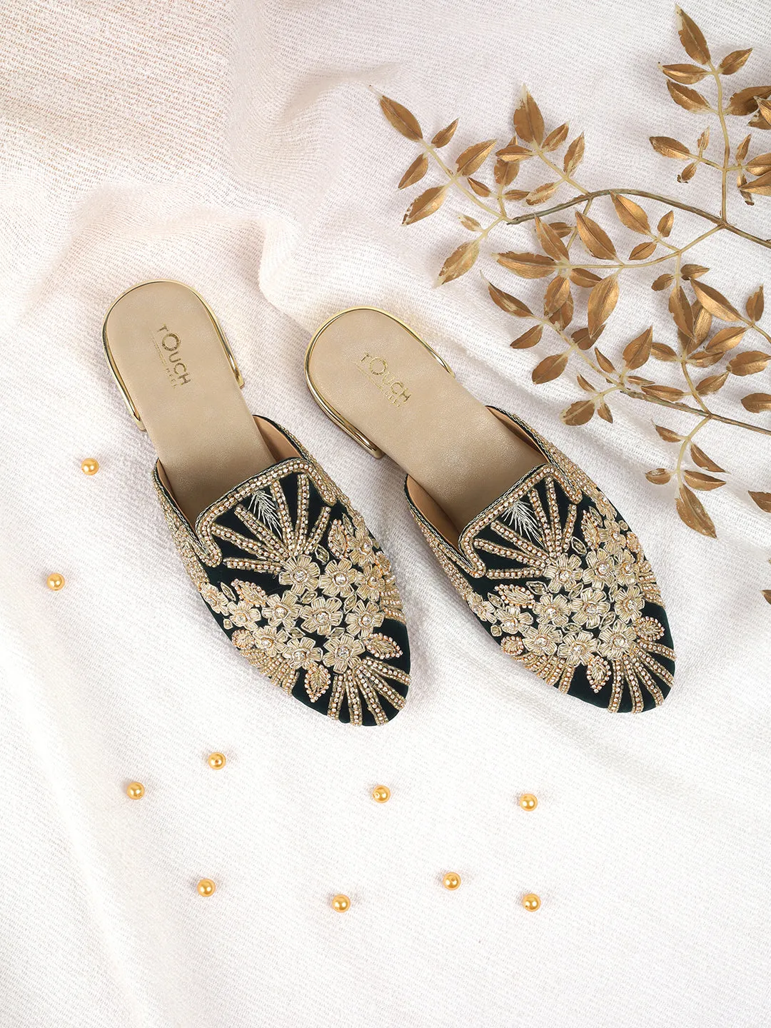 Slip on Juttis Soft Padded ,Sparkling Upper Casual Flats | Punjabi Mojari Half Shoes