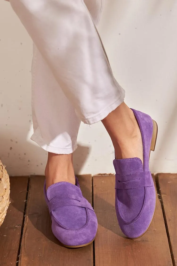 Solid Color Patchwork Round Toe Purple Loafers [Pre Order]