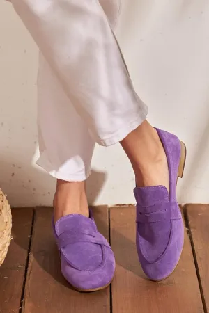 Solid Color Patchwork Round Toe Purple Loafers [Pre Order]
