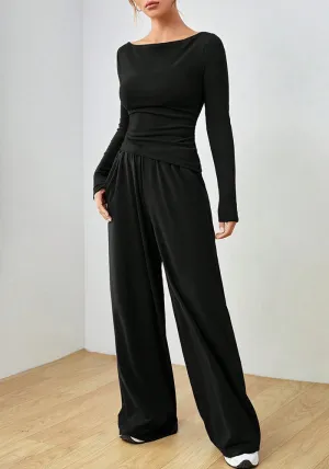 Sophisticated Solid Two-Piece Set with Long Sleeve Top and Wide-Leg Pants