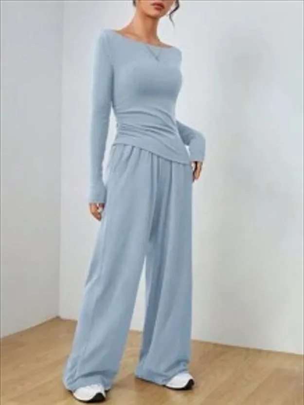 Sophisticated Solid Two-Piece Set with Long Sleeve Top and Wide-Leg Pants