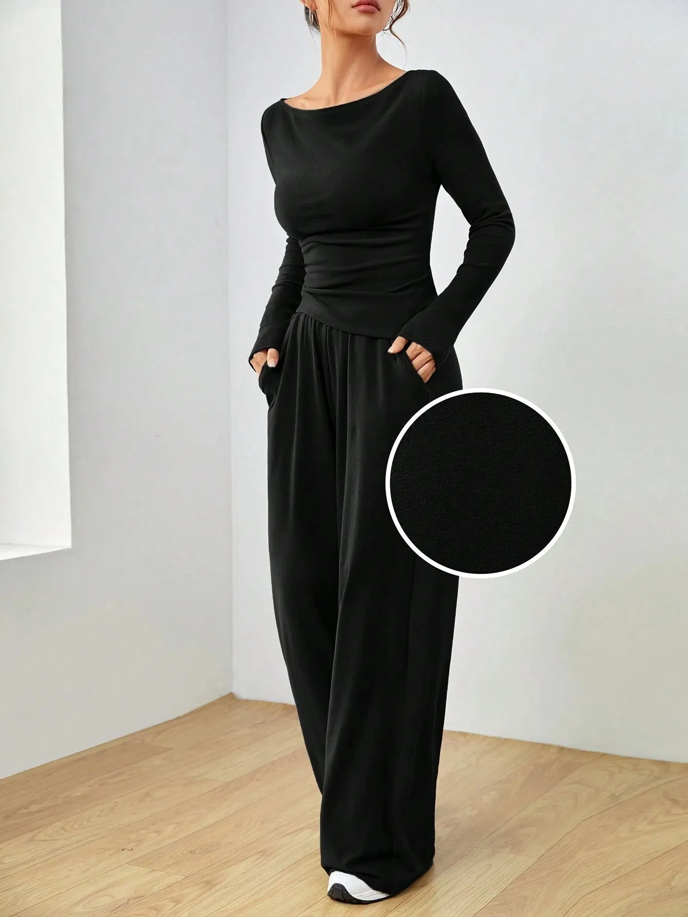 Sophisticated Solid Two-Piece Set with Long Sleeve Top and Wide-Leg Pants
