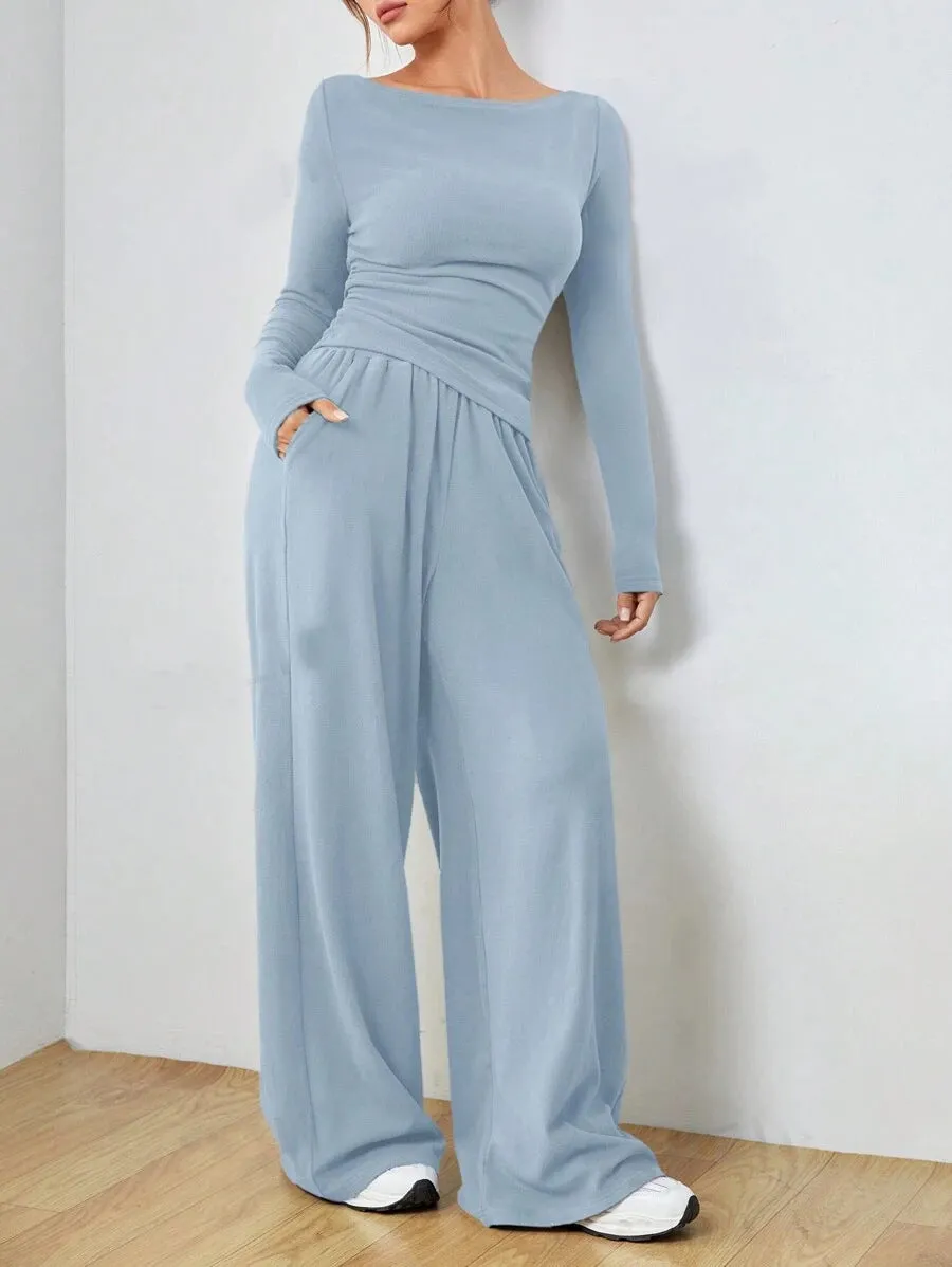 Sophisticated Solid Two-Piece Set with Long Sleeve Top and Wide-Leg Pants