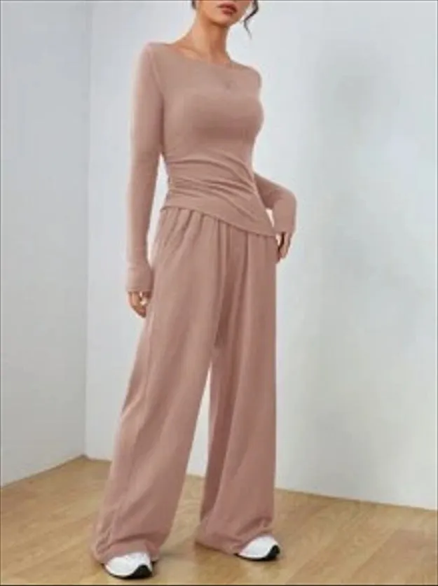 Sophisticated Solid Two-Piece Set with Long Sleeve Top and Wide-Leg Pants