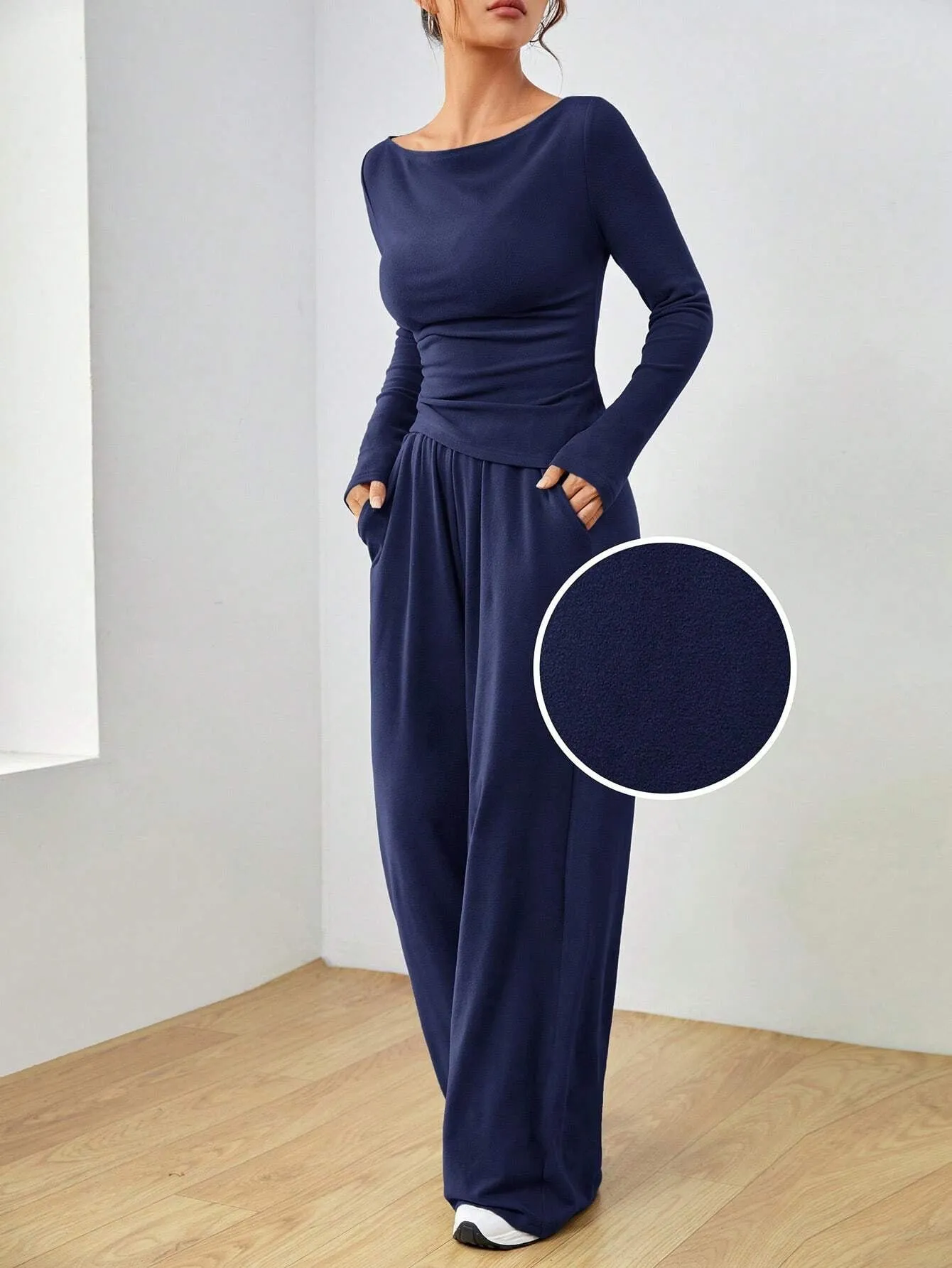 Sophisticated Solid Two-Piece Set with Long Sleeve Top and Wide-Leg Pants