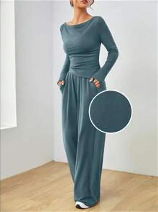 Sophisticated Solid Two-Piece Set with Long Sleeve Top and Wide-Leg Pants