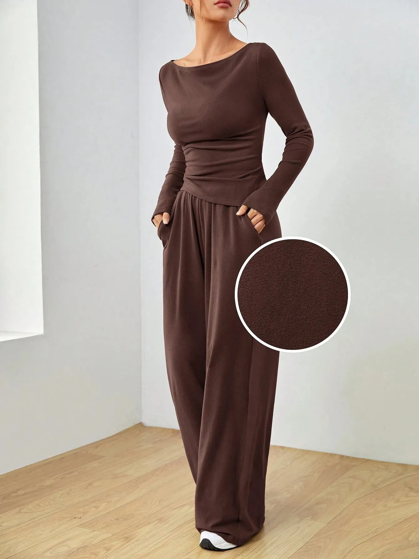 Sophisticated Solid Two-Piece Set with Long Sleeve Top and Wide-Leg Pants